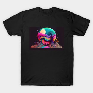 Spooky Full Moon Psychedelic Landscape - Paint Dripping 3D Illustration - Colorful Haunted Nature Scene T-Shirt